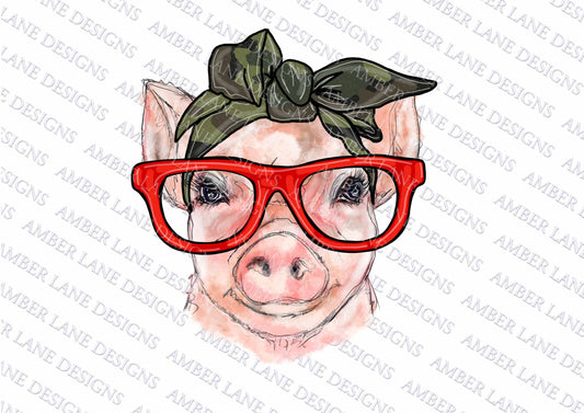 Pig with Glasses And camouflage Bandana PNG | Hand Drawn | Sublimation PNG |