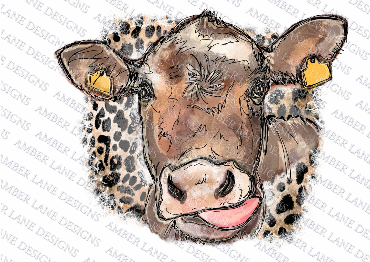 Cow lick PNG with leopard, Hand Drawn, Sublimation PNG