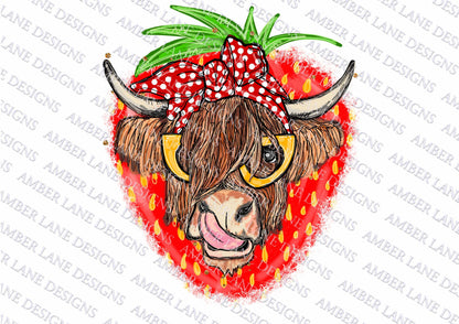 Strawberry Highland Cow bandana and glasses  PNG | Hand Drawn | Sublimation PNG |