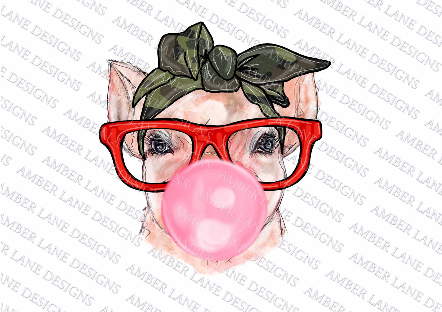 Pig with Glasses, bubble-gum And camouflage Bandana PNG | Hand Drawn | Sublimation PNG |