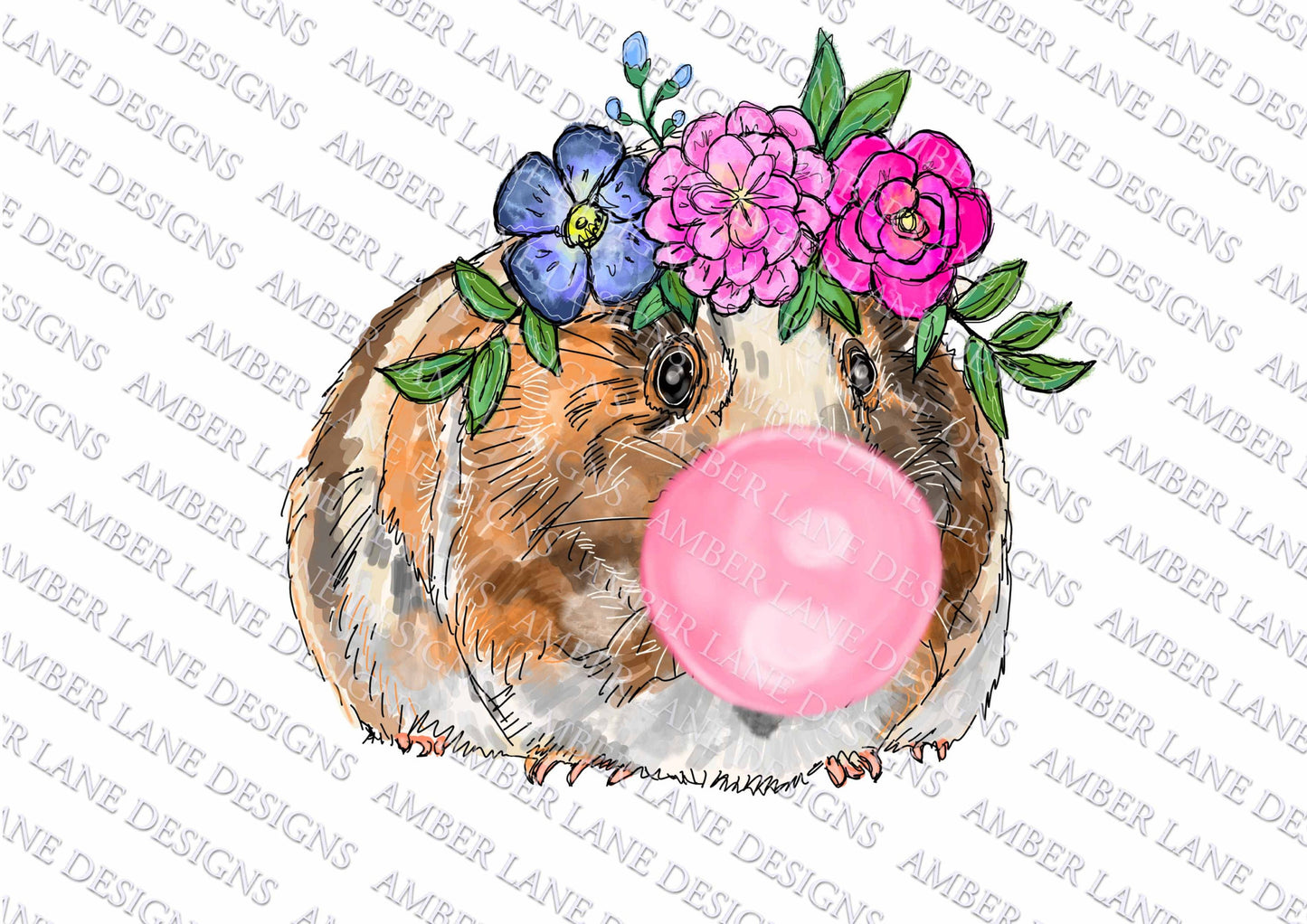 Guinea pig With Flowers And Bubble gum | Hand Drawn | Sublimation PNG | Digital Download