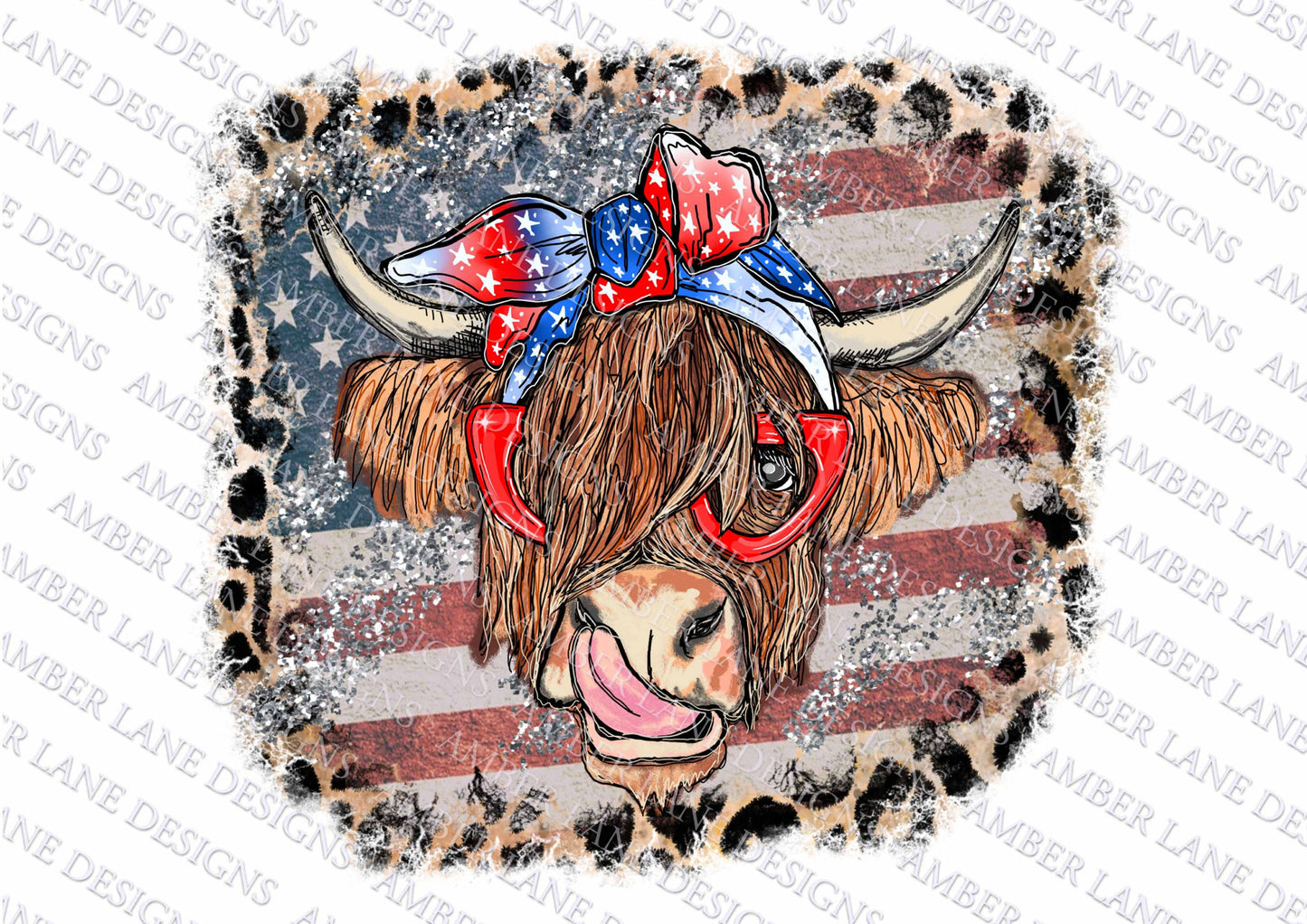 Highland Cow With 4th July bandana and glasses, USA flag and leopard,  PNG | Hand Drawn | Sublimation PNG |