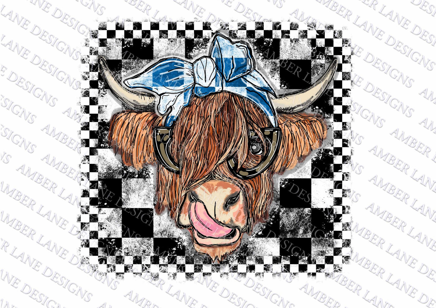 Highland Cow With Race checkered  flag  bandana and glasses  PNG | Hand Drawn | Sublimation PNG |  tumbler wrap