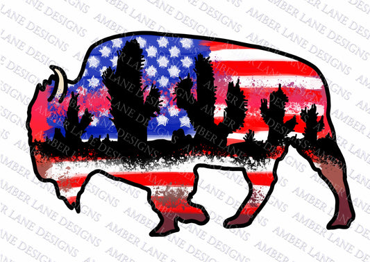 Bison Western USA Flag sunset | Buffalo | Hand Drawn watercolor | Sublimation PNG |  tumbler wrap