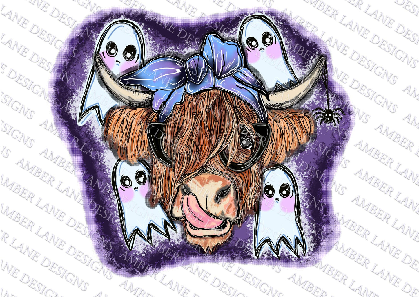 Ghost, Halloween Highland Cow bandana and glasses  PNG | Hand Drawn | Sublimation PNG |  tumbler wrap