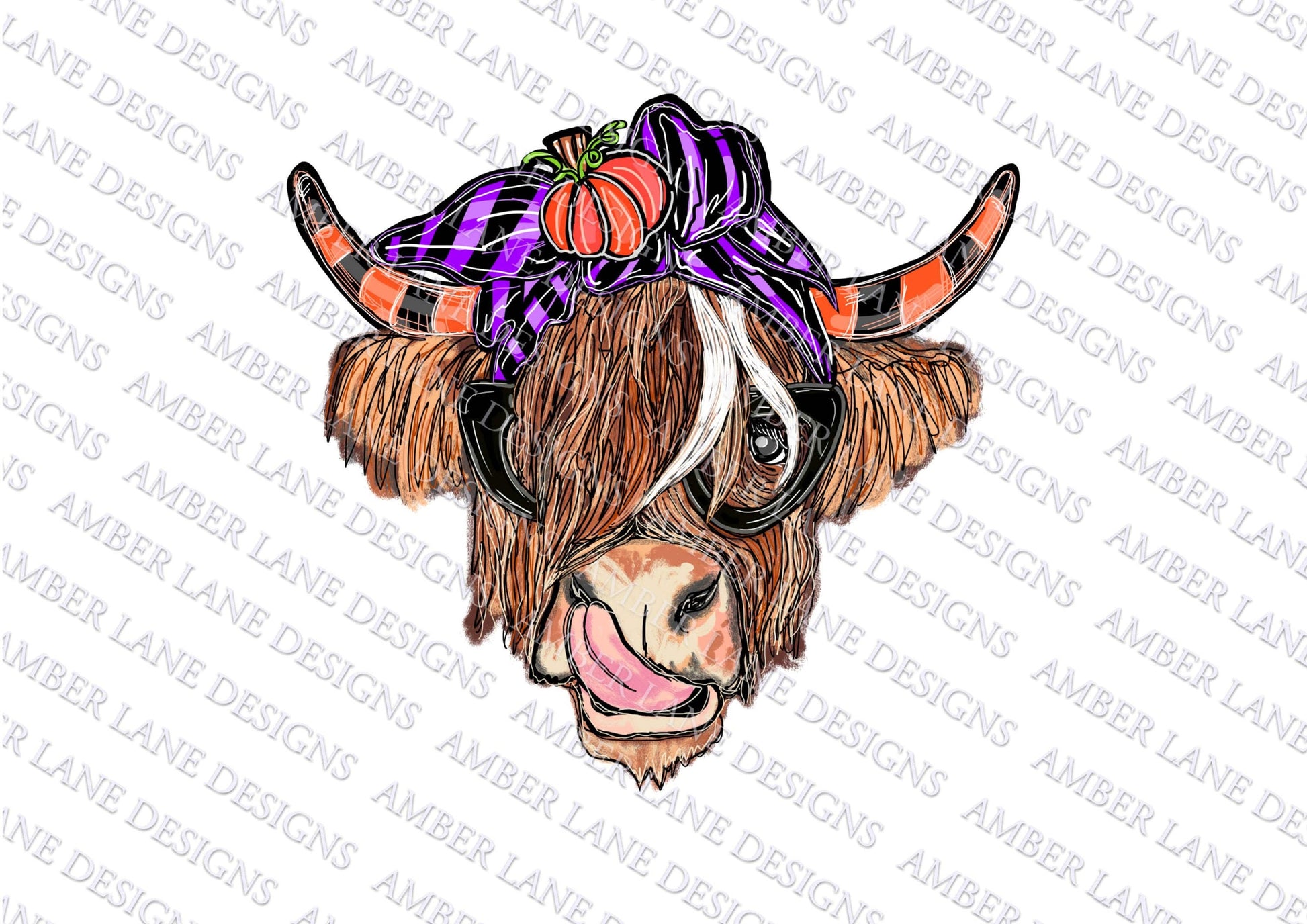 Halloween Pumpkin Highland Cow bandana and glasses PNG | Hand Drawn | Sublimation PNG | tumbler wrap