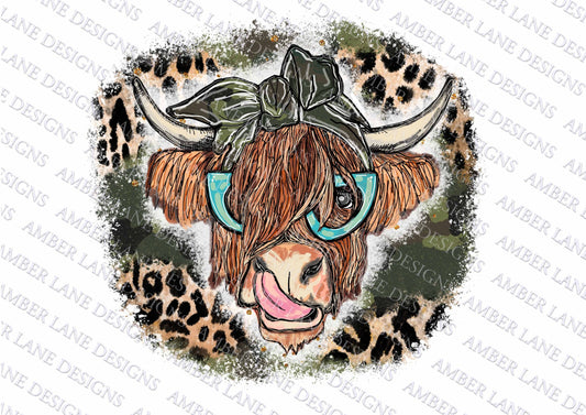 Rustic Scottish Cow Udderly Stylish Safari: Western Design Camouflage Couture Moo Highland Cow with Camo Leopard PNG