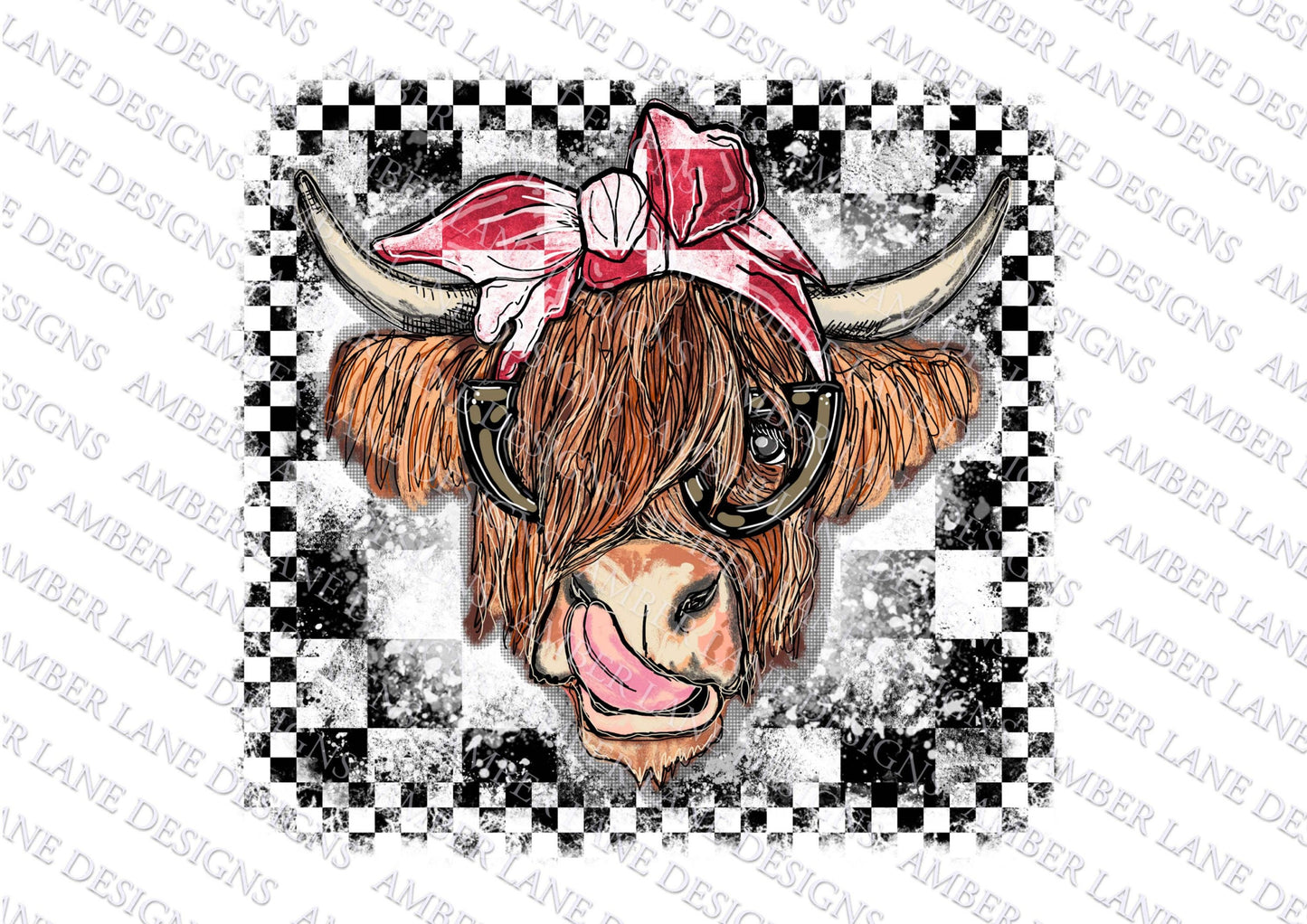 Highland Cow With Race checkered red flag bandana and glasses  PNG | Hand Drawn | Sublimation PNG |  tumbler wrap