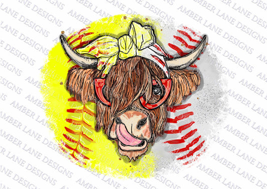 Highland Cow With baseball, softball bandana and glasses  PNG | Hand Drawn | Sublimation PNG |
