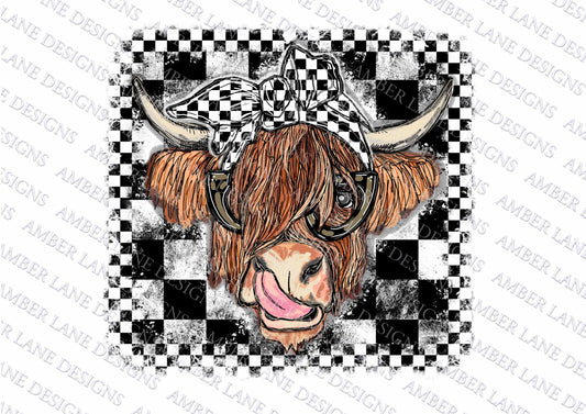 Highland Cow With Race checkered  flag  bandana and glasses  PNG | Hand Drawn | Sublimation PNG |