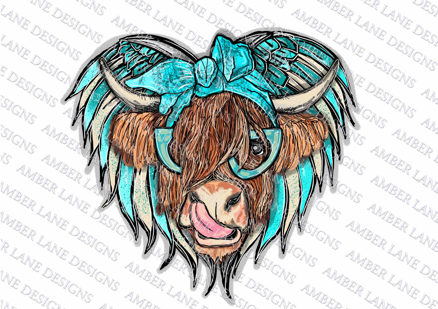 Angel Highland Cow bandana and glasses  PNG | Hand Drawn | Sublimation PNG |  tumbler wrap