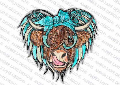 Angel Highland Cow bandana and glasses  PNG | Hand Drawn | Sublimation PNG |  tumbler wrap