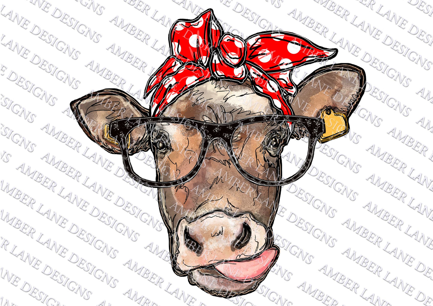 Cow lick with glasses with red and white dots and  bandana, PNG file,  . tumbler wrap