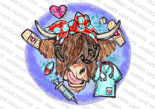 Nurse Highland Cow bandana and glasses  PNG | Hand Drawn | Sublimation PNG |