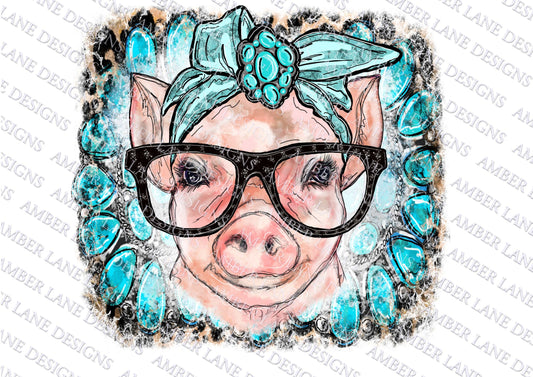 Turquoise Pig with Glasses Turquoise stone  Bandana PNG | Hand Drawn | Sublimation PNG |