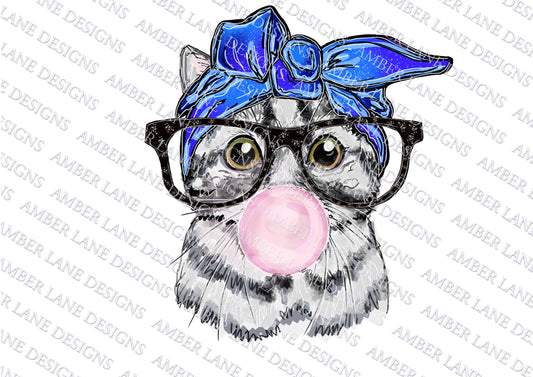 Cat blowing Bubble Gum With blue bandana and Glasses PNG instant download |Sublimation Graphics | Cat Clipart
