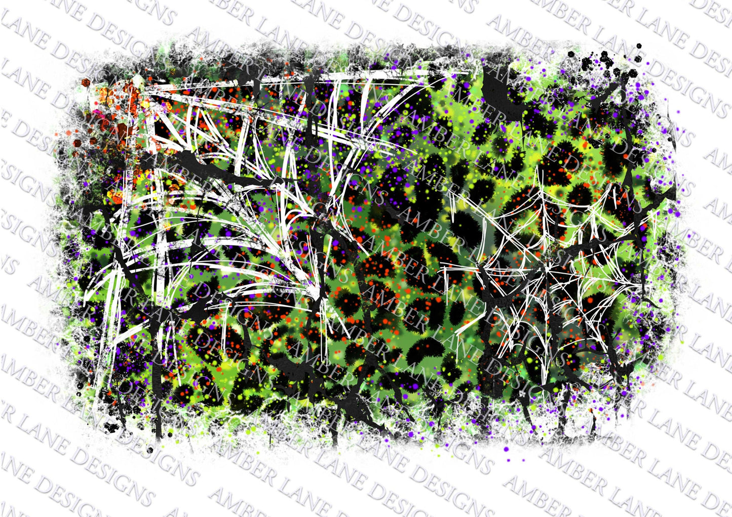 Spider webs with Green and leopard, hand drawn, Halloween splash frame Background, PNG file,