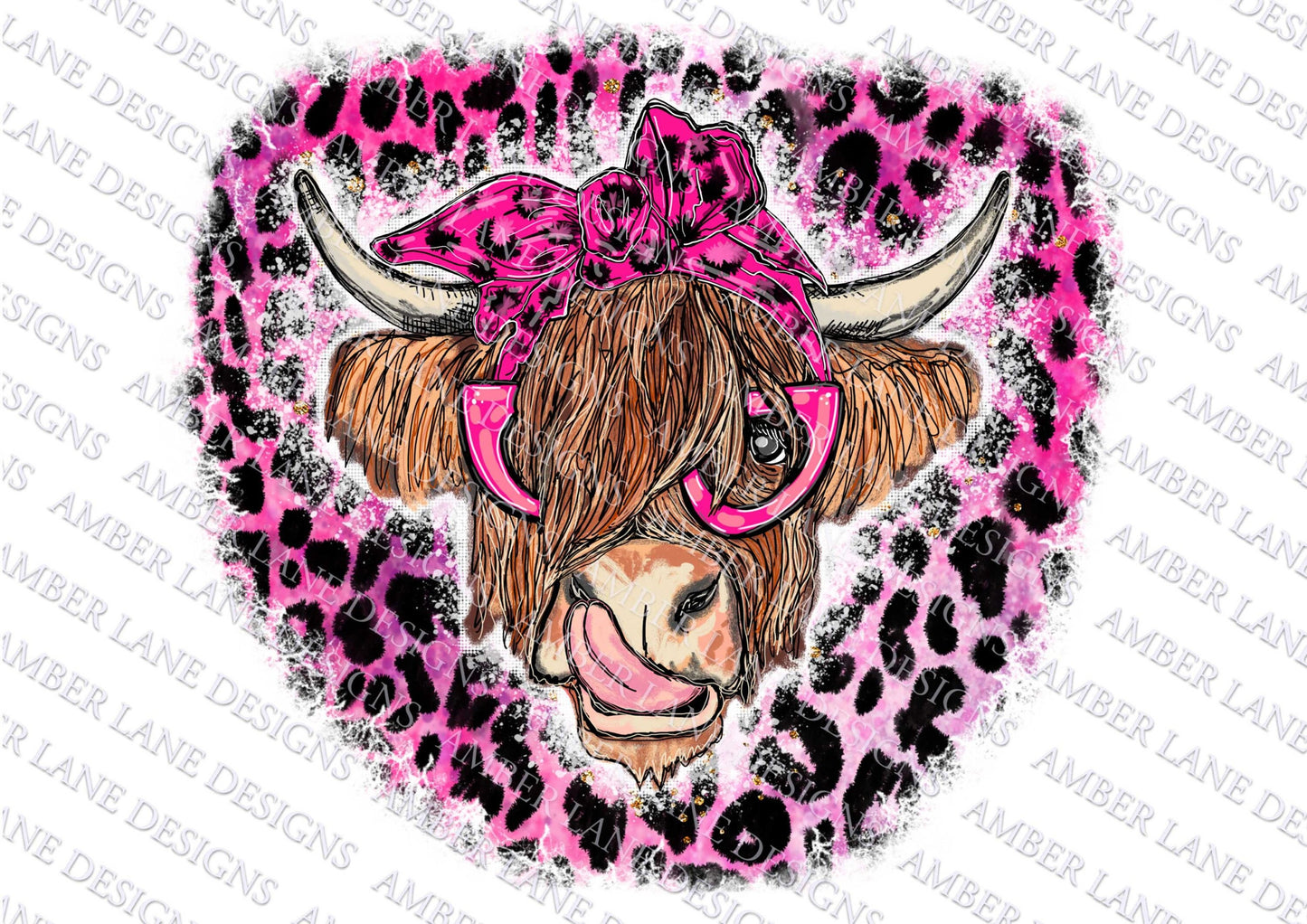 Pink Leopard Highland Cow With Glasses and Leopard bandana png, Sublimation PNG Design