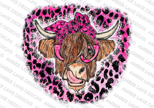 Pink Leopard Highland Cow With Glasses and Leopard bandana png, Sublimation PNG Design
