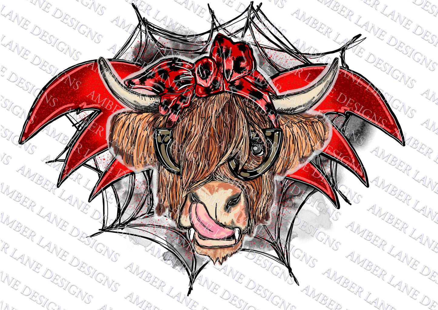 Vampire Halloween Highland Cow With Glasses and Leopard bandana png, Sublimation PNG Design tumbler wrap