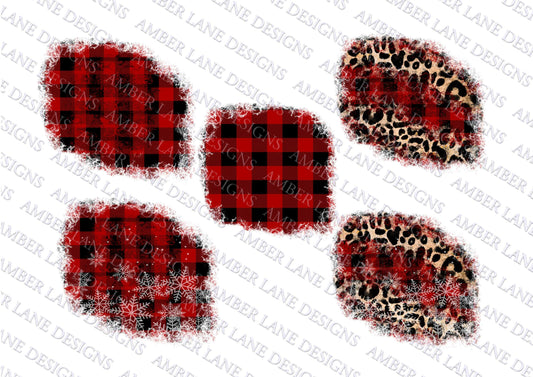 Red Plaid, leopard and snowflake patches, design elements for t-shirts, 5 png files