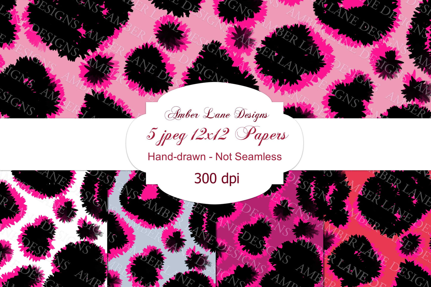 Pink leopard digital papers, Hand-drawn, 5 JPEG files ,Digital Download (not seamless)