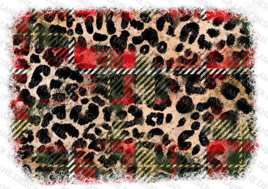 Christmas Leopard Plaid backsplash with glitter , PNG file