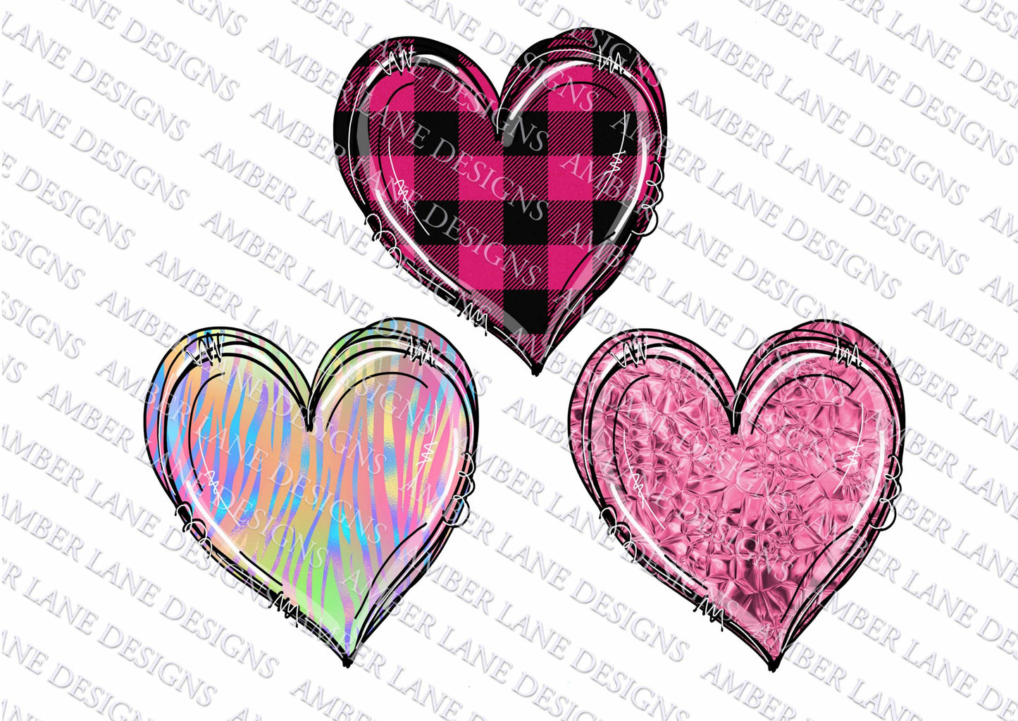 Pink Valentine hearts bundle, plaid, rainbow zebra and pink foil, sublimation, scrapbook background, 3 png files