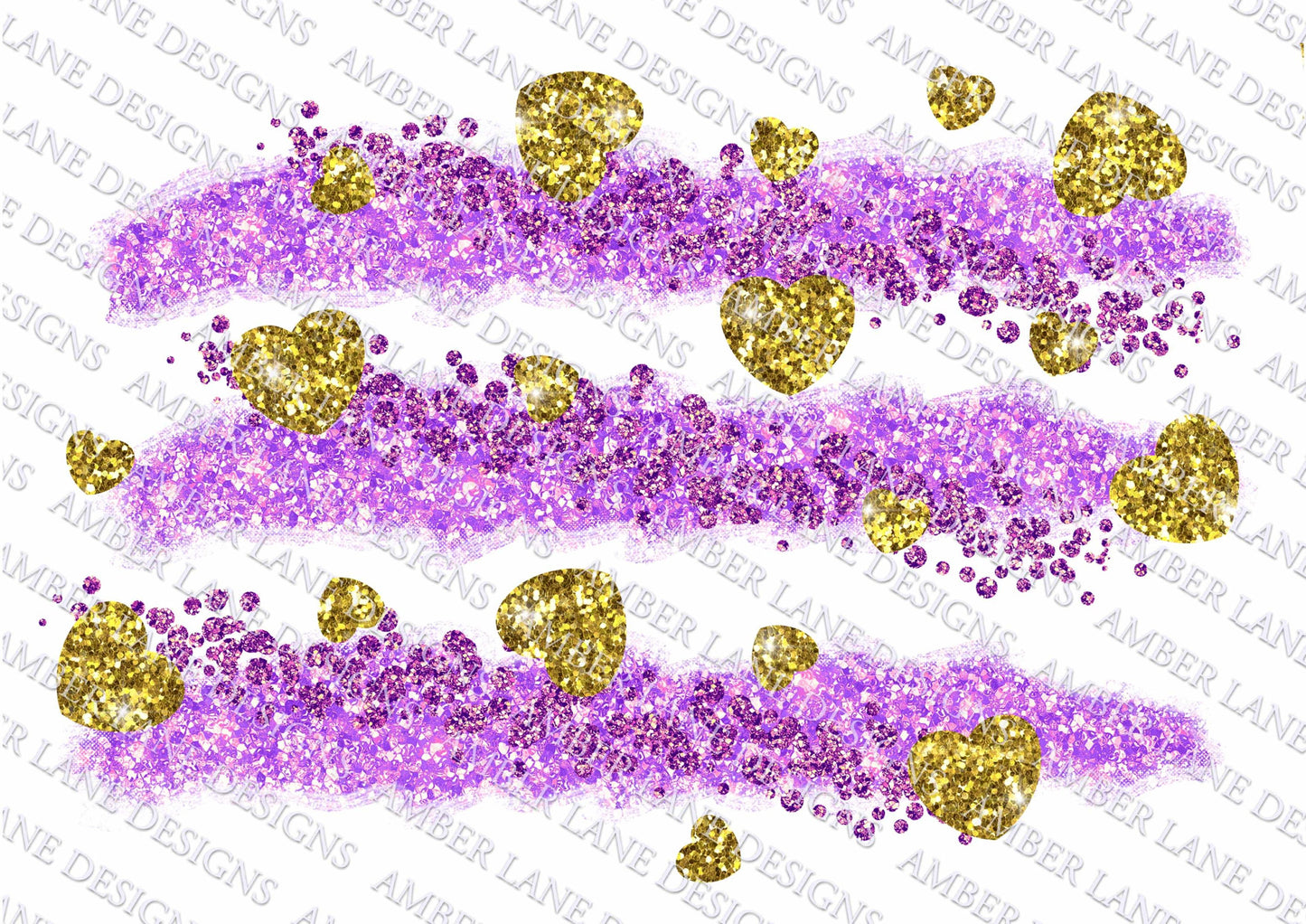 Purple Glitter brushstrokes with gold glitter hearts, Valentines scrapbook background, png file, flattened image.