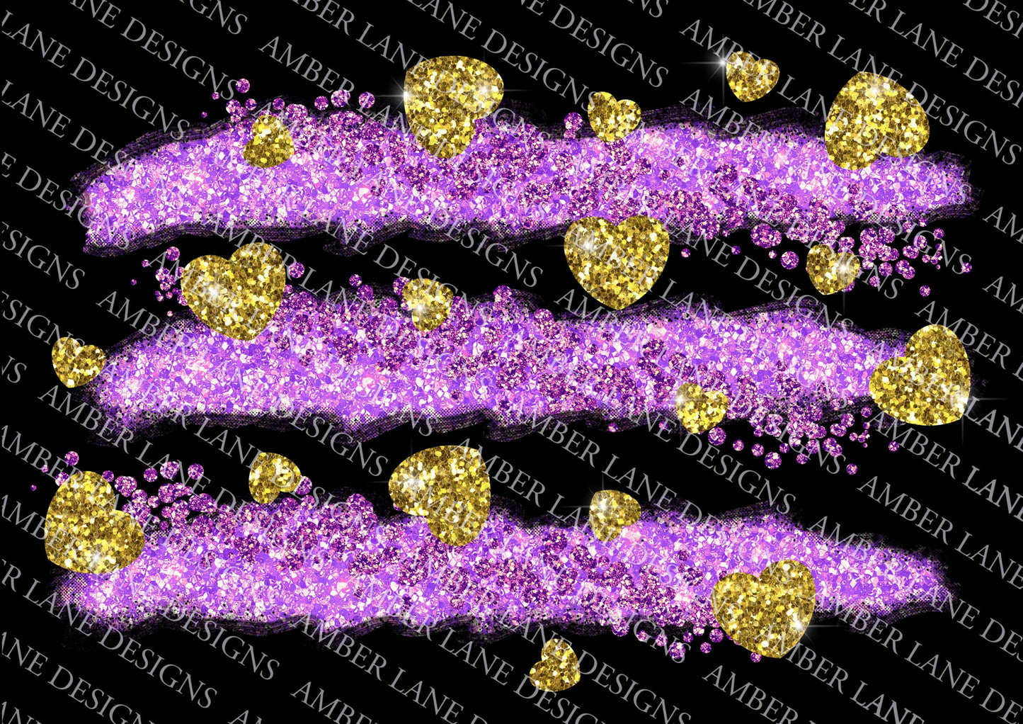 Purple Glitter brushstrokes with gold glitter hearts, Valentines scrapbook background, png file, flattened image.