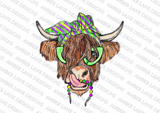 Mardi Gras Moo-dness Highland Cow Bandana Carnival Chic Bovine Party Festive Furry Friend Attire Whimsical Horns Ensemble Funky Festivity