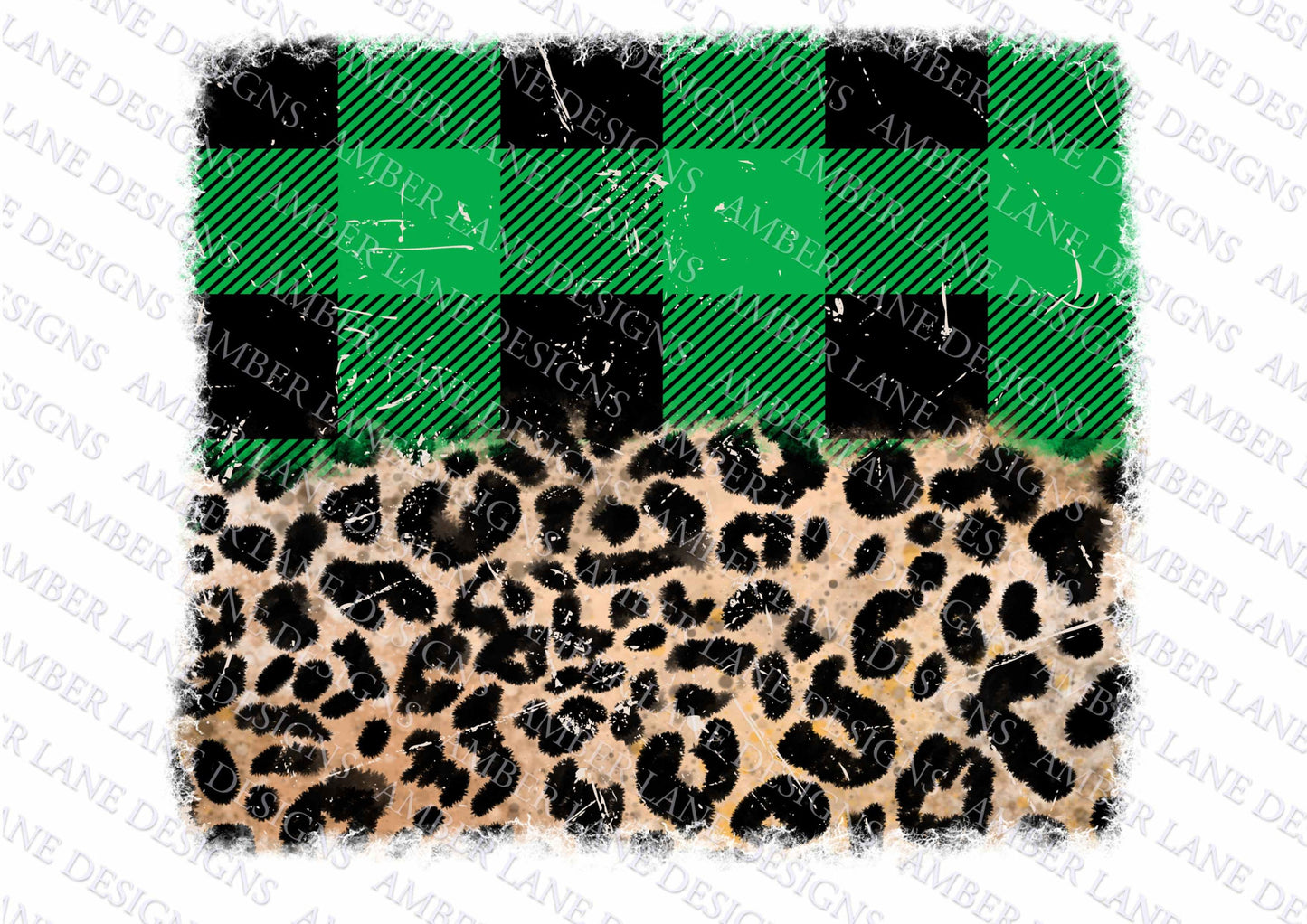 Half Green Buffalo plaid and leopard grunge, backsplash frame , 2 png files