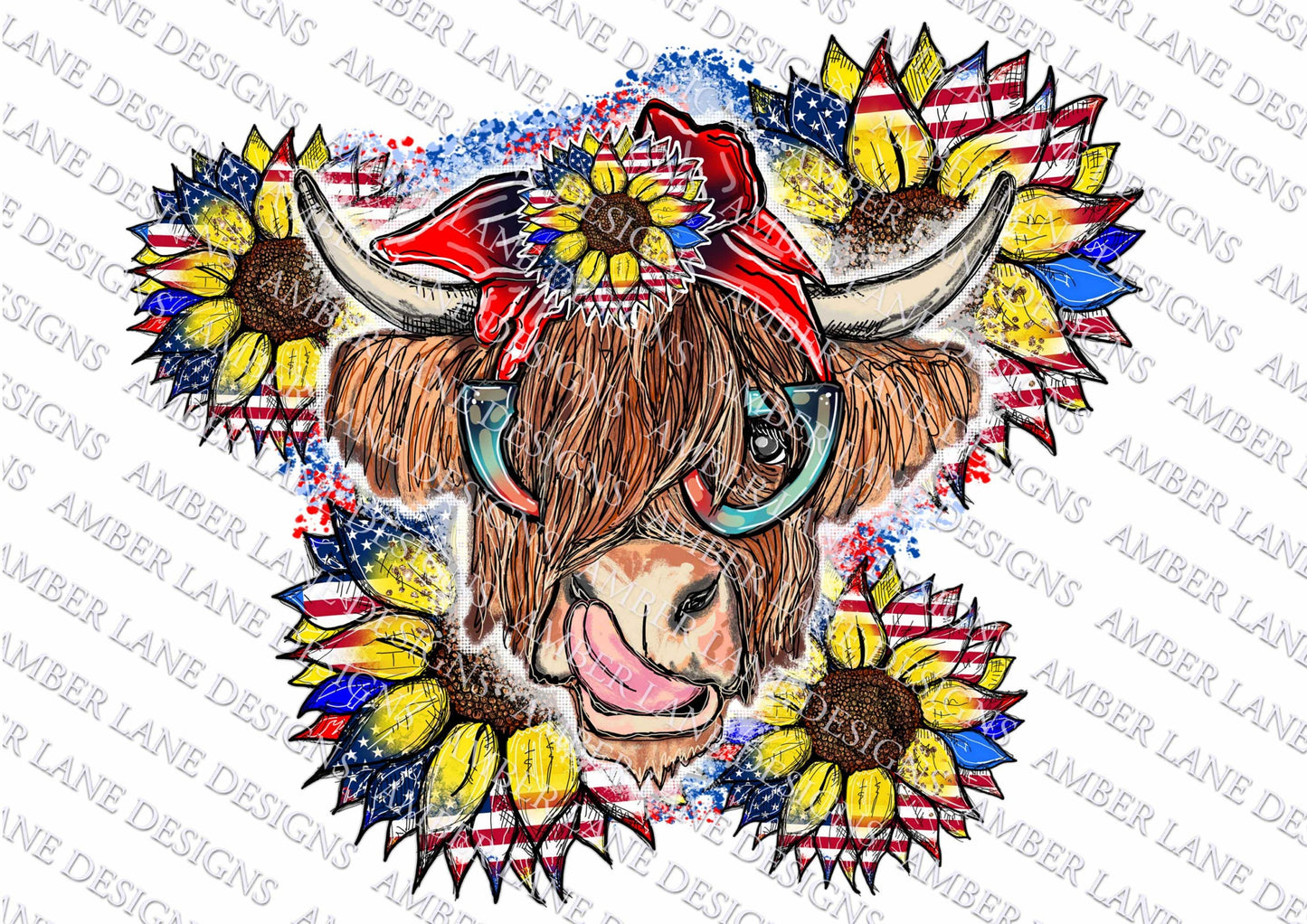 Highland Cow With 4th July Sunflowers, bandana and glasses, USA flag | Hand Drawn | Sublimation PNG |  tumbler wrap