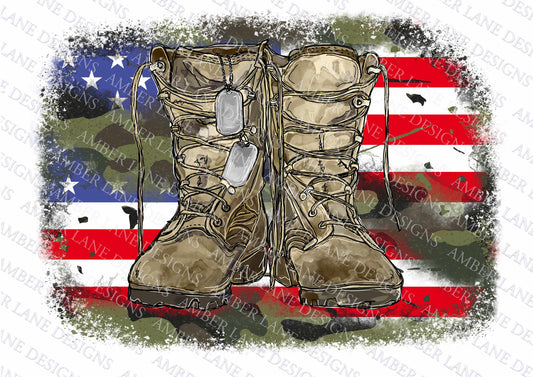 Army Boots With Dog Tags, American Flag and camouflage print, png file