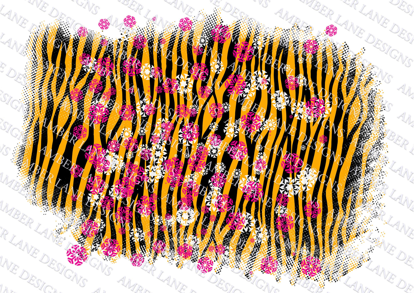 Neon Tiger print with pink snowflakes Grunge Background,  Frame png | Distressed Grunge Splash Background