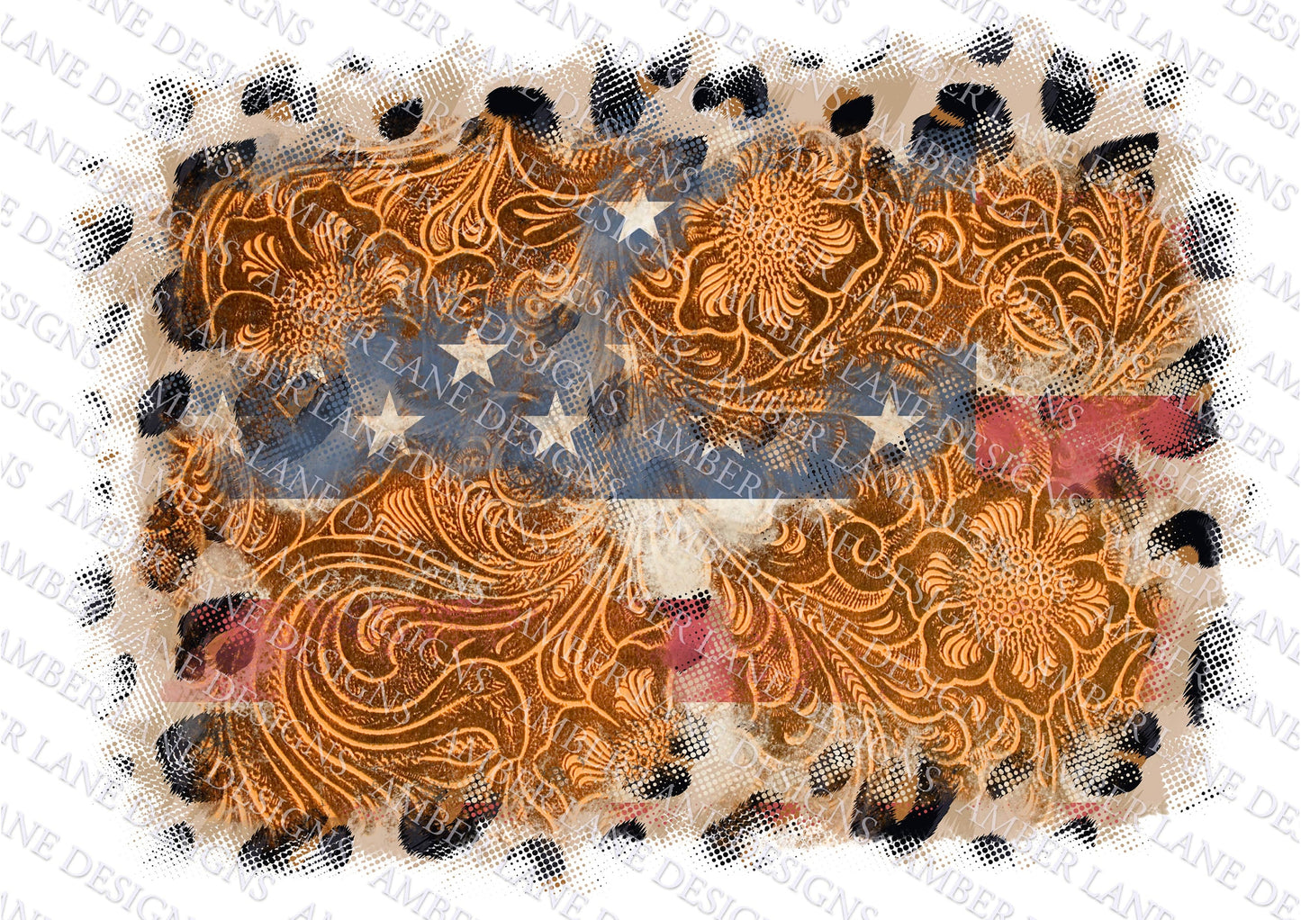 USA distressed flag with leopard frame and tooled leather, Western file, 4th July American flag, png background