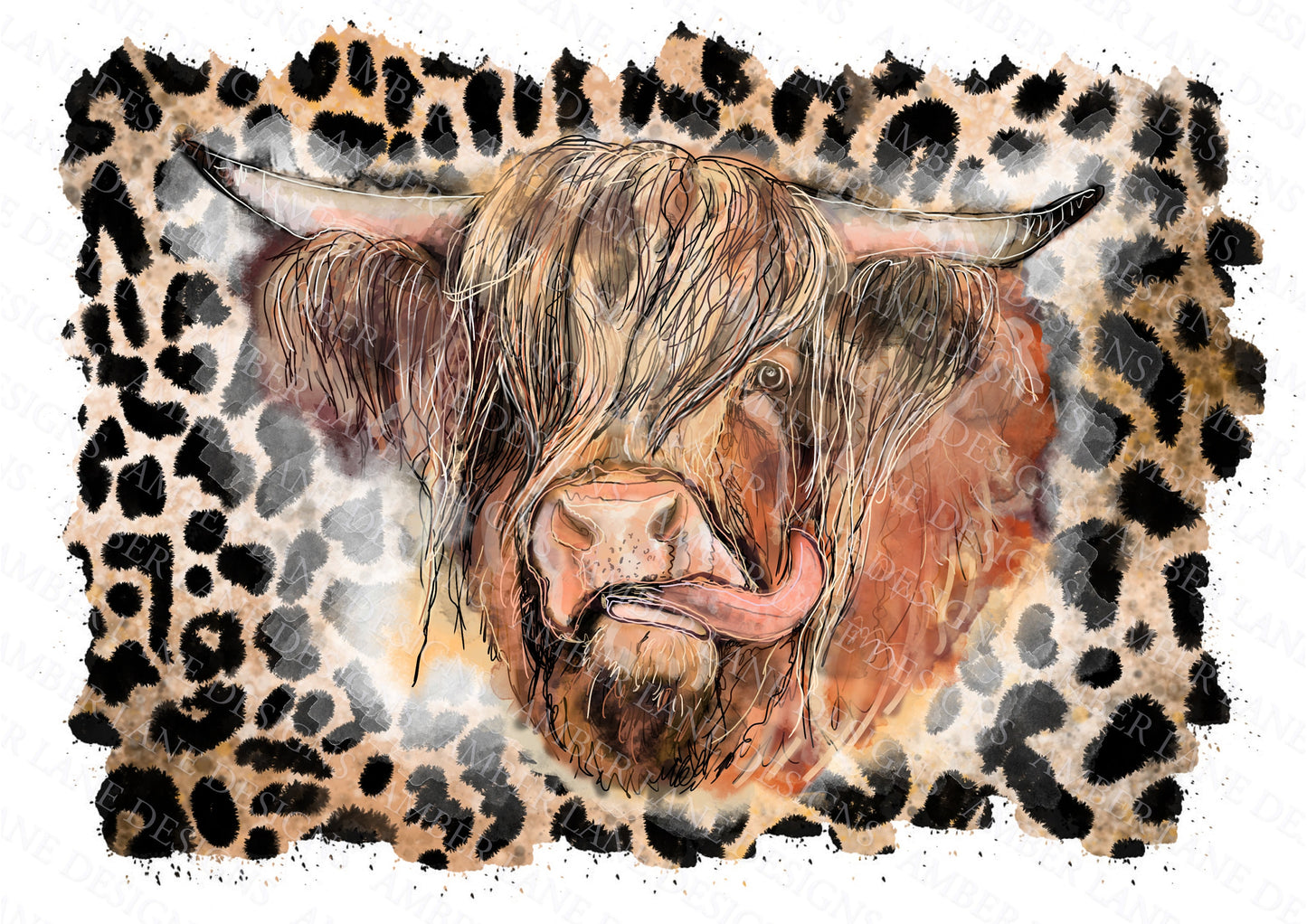 Highland Cow watercolor PNG with leopard background, Hand Drawn tumbler wrap