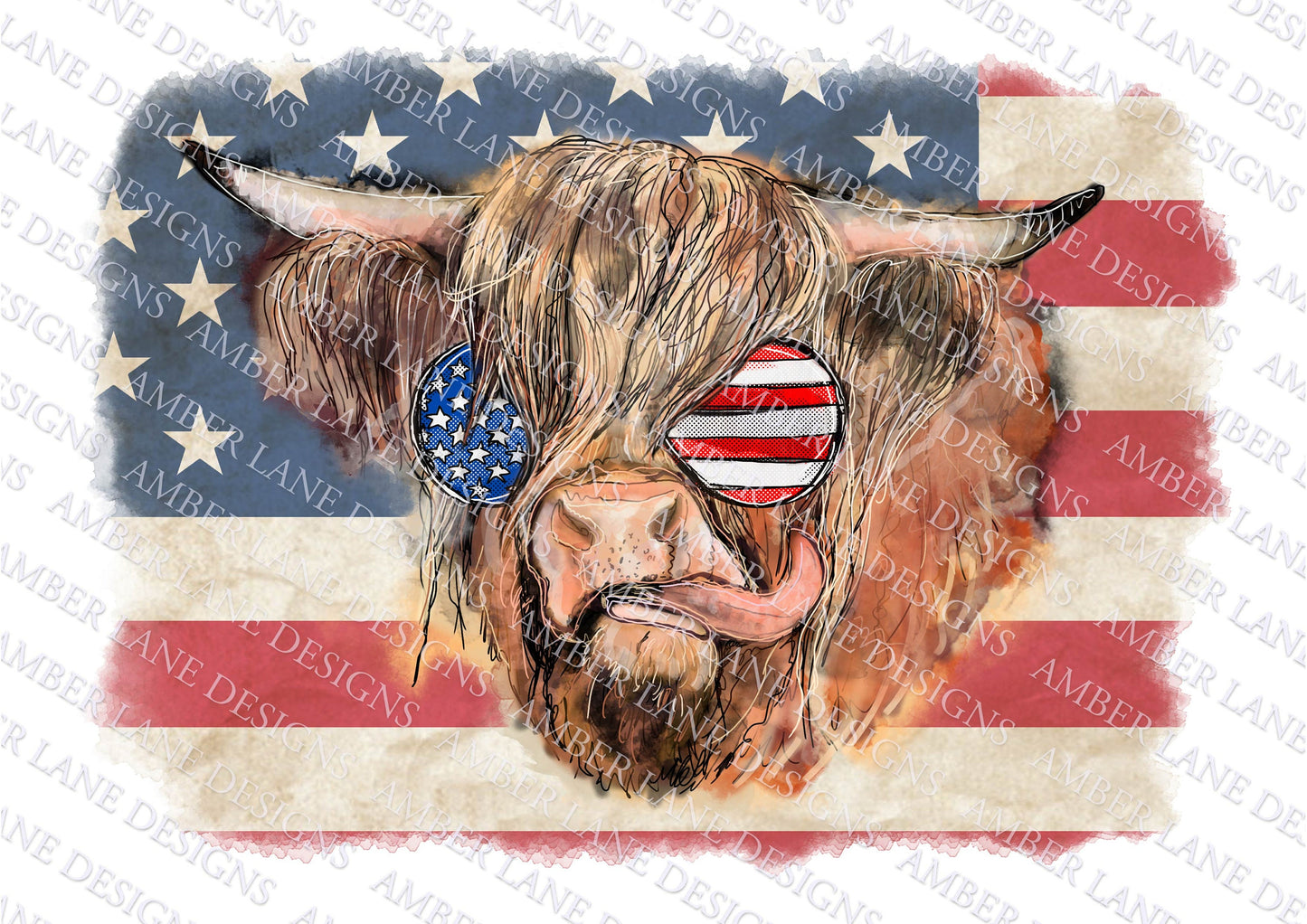 Highland Cow with sunglasses, USA 4th of July   PNG | Hand Drawn | Sublimation PNG |  tumbler wrap
