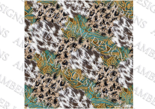 SEAMLESS paper Western patchwork leopard cowhide and tooled leather digital paper, 12x12 inches, jpeg file.