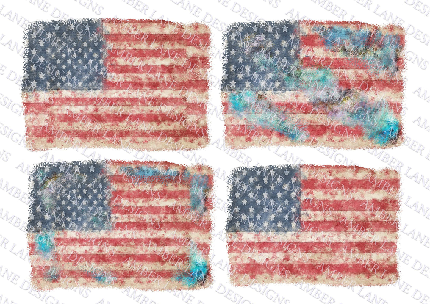 USA and turquoise flag bundle American flags, grunge, 4 PNG files, tattered flags