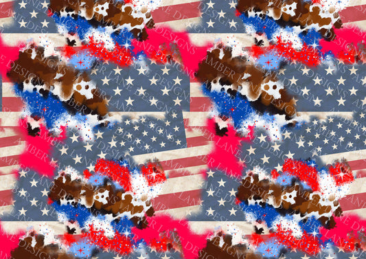Fourth of July cowhide and USA flag, Seamless paper, 12x12 jpeg