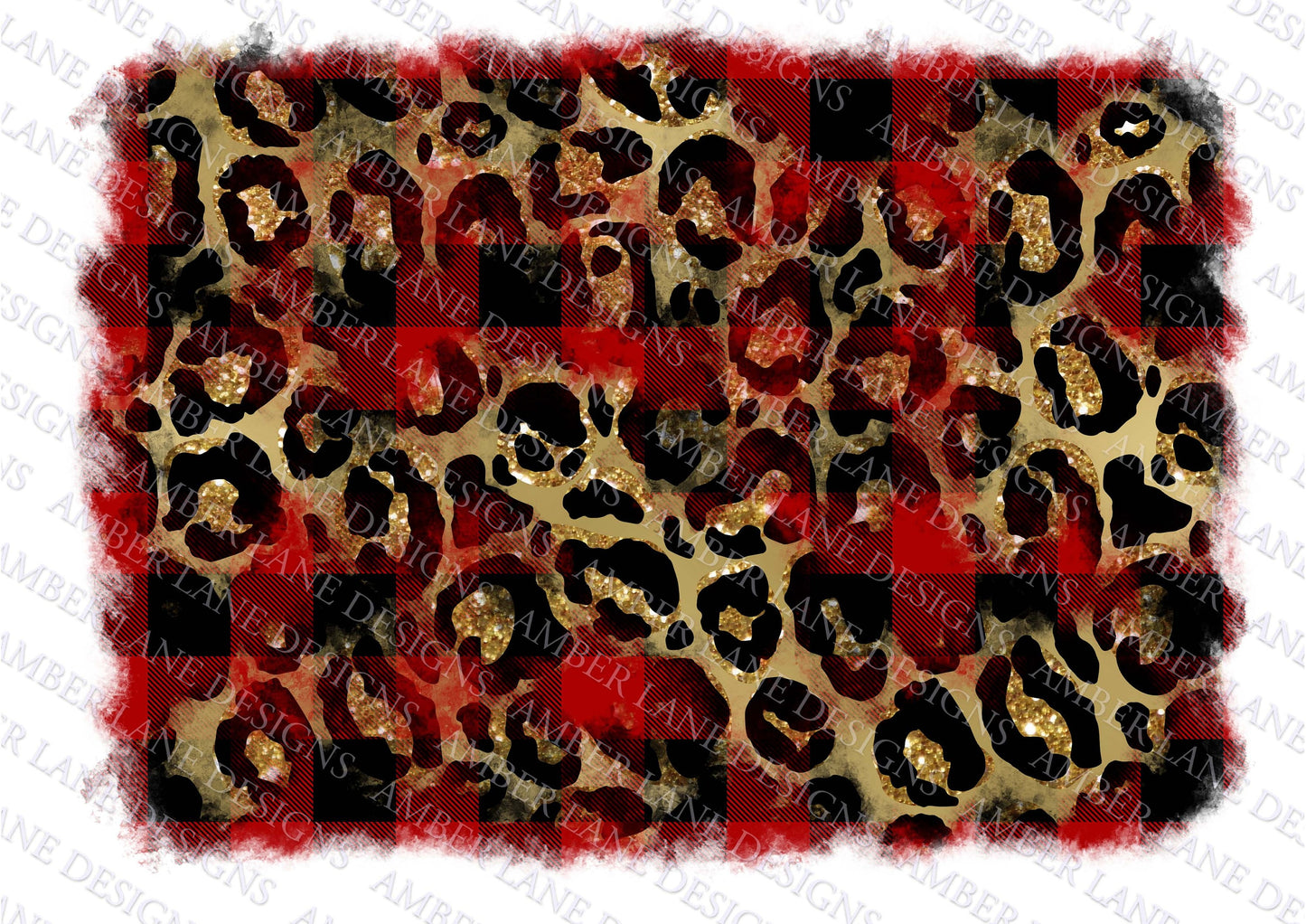Red Buffalo plaid and Gold leopard glitter grunge, backsplash frame ,png file only