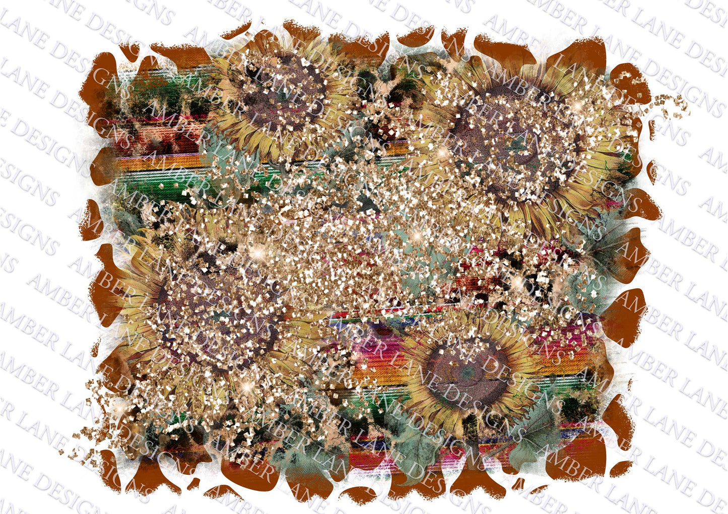 Serape and sunflower backsplash with gold glitter and leopard with cow print frame. (flat image). tumbler wrap