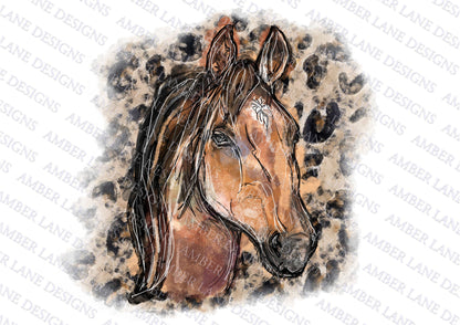 Brown horse bundle with turquoise, leopard, pastel and marble backgrounds, watercolor hand drawn horse, 4 png files, flattend images