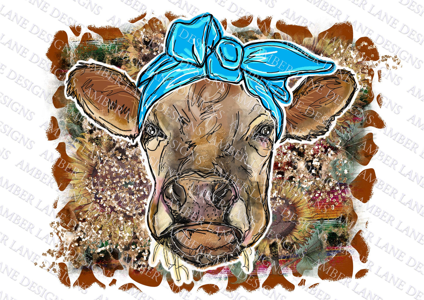 Cow with turquoise bandana and sunflower, leopard, glitter and serape with cowhide background, png file tumbler wrap