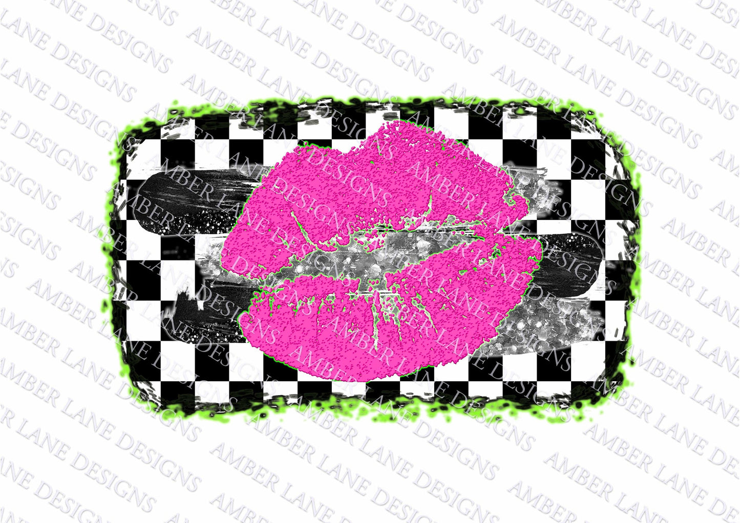 Hot Pink lips with Checkered racing flag, PNG file, brushstrokes