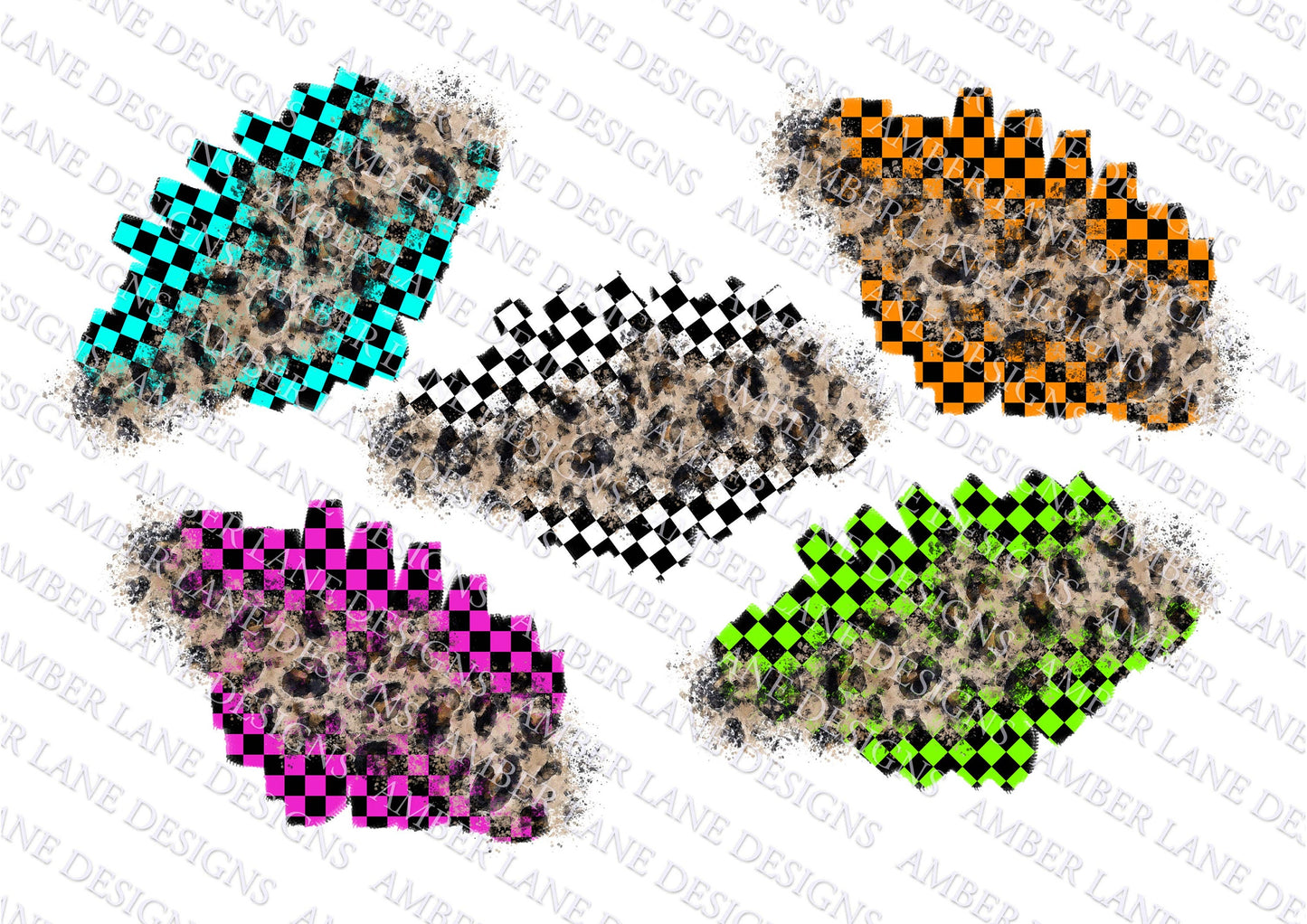 Grunge Checkered Flag patches with leopard 5 different colours, 5 PNG files
