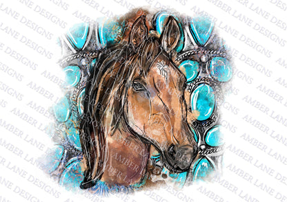 Brown horse bundle with turquoise, leopard, pastel and marble backgrounds, watercolor hand drawn horse, 4 png files, flattend images