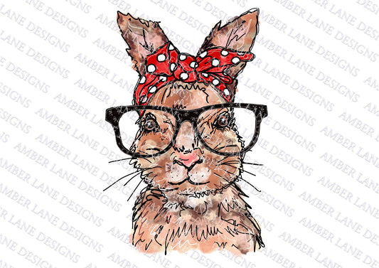 Rabbit with red and white polka dot bandana and glasses Sublimation , PNG Design , Hand Drawn