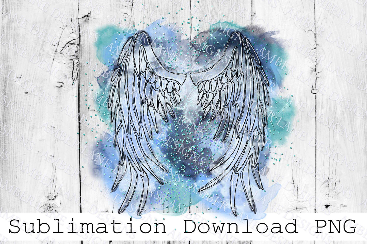 Blue Angel wings, watercolor and glitter , PNG sublimation - png file only